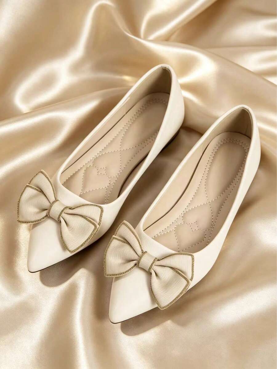 Pointed Toe Low Vamp Bow Flat Shoes, Delicate Satin Texture Soft And High-End, Versatile Shoes. - Off White - View 1