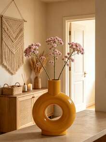 Donut-Shaped Hollow Resin Vase, Vintage Bohemian Abstract Sculpture, Dried Flower Desktop Decor, Living Room Windowsill Decoration, Housewarming Gift - Yellow - View 6
