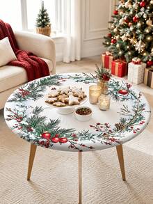 1pc Christmas Round Stretch Table Cloth, White Pine Branch Red Berry Ornament Print Elastic Fitted Tablecloth, Holiday Polyester Table Cover For Dining Table, Kitchen, Christmas Party, Winter Home Decor, Indoor Outdoor Use - Multicolor - View 1