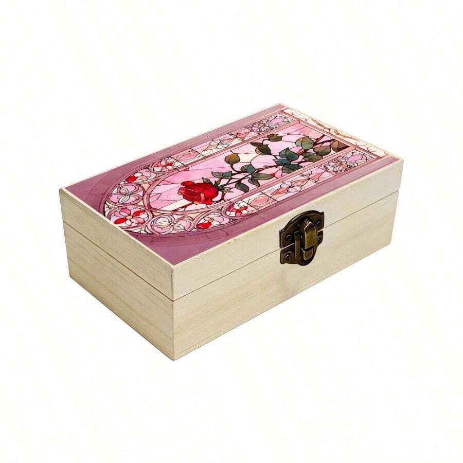 1pc Wooden Storage Box With Painted Glass Rose Pattern, Gift Storage Box, Small Jewelry Organizer, Jewelry Collection Keepsake Box, Souvenir Storage, Home Decor, Vintage Distressed Fashion Style - Multicolor - View 1