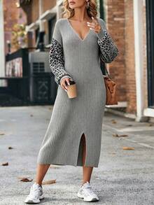 Plus Size Women's V-Neck Leopard Print Colorblock Casual Everyday Knit Dress Fall - Grey - View 1