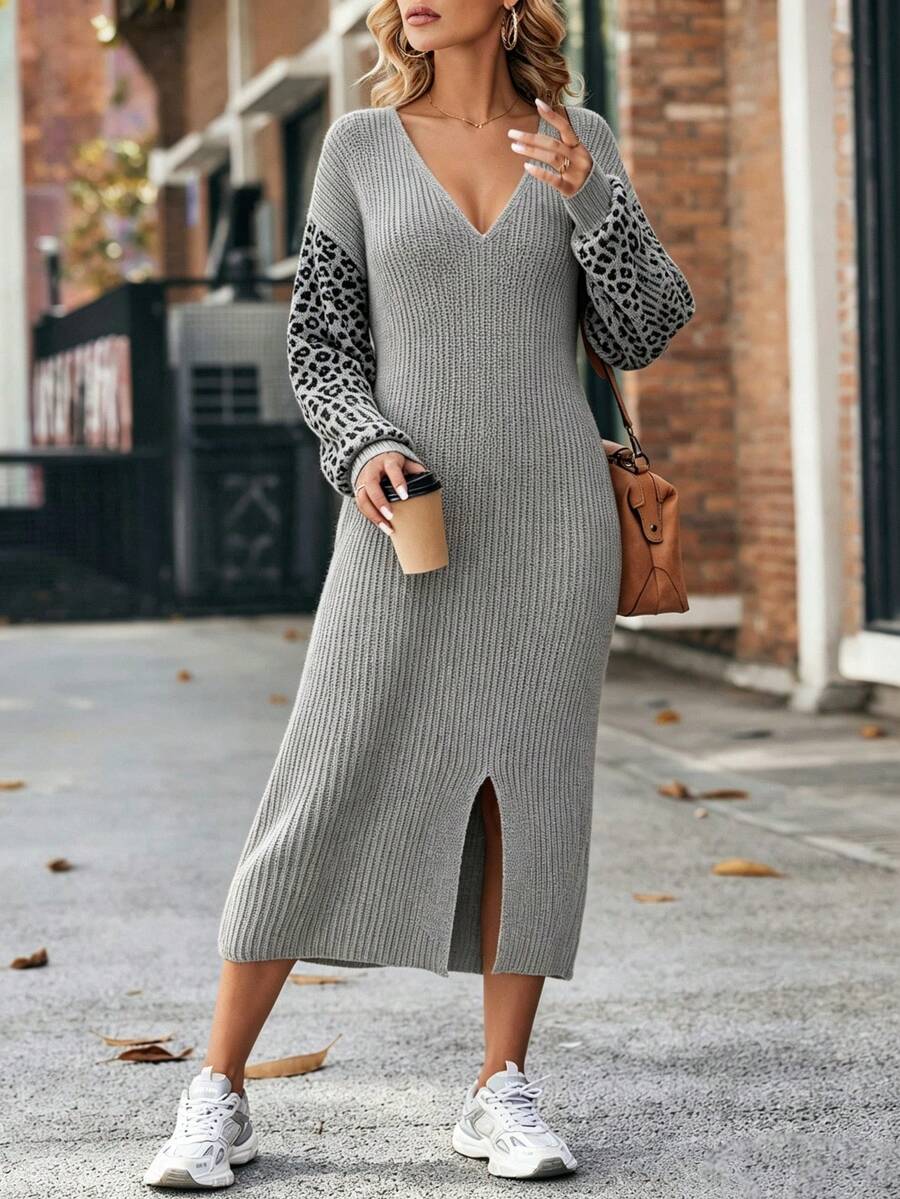 Plus Size Women's V-Neck Leopard Print Colorblock Casual Everyday Knit Dress Fall - Grey - View 1