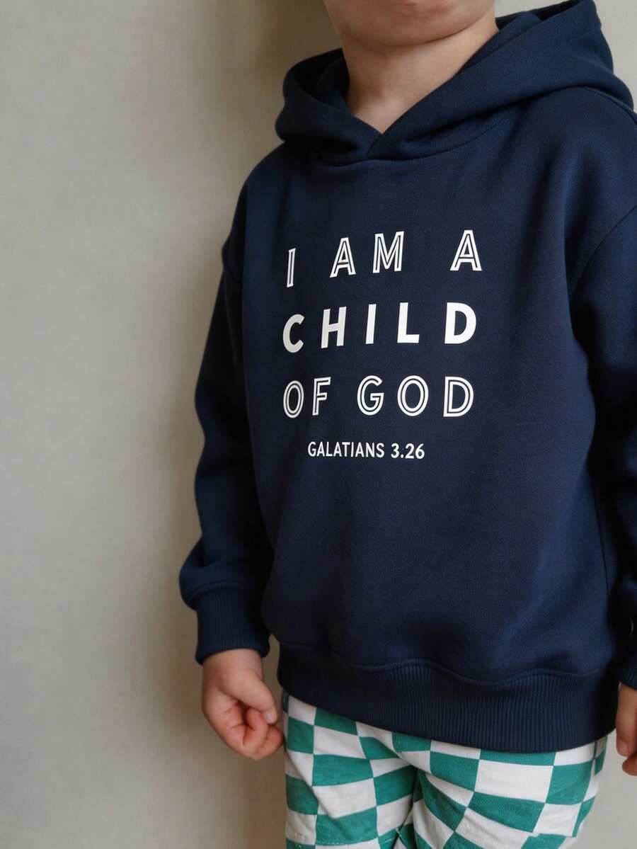 Little Boys Faith Quote Graphic Hooded Sweatshirt, Daily Casual Pullover - Navy Blue - View 1