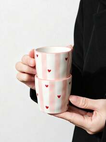 1/4pcs Striped Red Heart Ceramic Hand-Held Cups, INS Style Colorful Vertical Stripe Small Tea Cups, Home Afternoon Tea Coffee Cup Set, Office Highly Attractive Cups, Tea Set, Suitable For Gifts - Multicolor - View 3