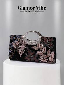 1件黑色天鵝絨亮片刺繡花卉晚宴手拿包，金屬環手柄派對手提包，亮片刺繡工藝，3D花卉設計（隨機圖案），婚禮必備配件，情人節禮物，適用於婚禮、晚宴派對及其他正式場合 - 黑色 - 查看 3