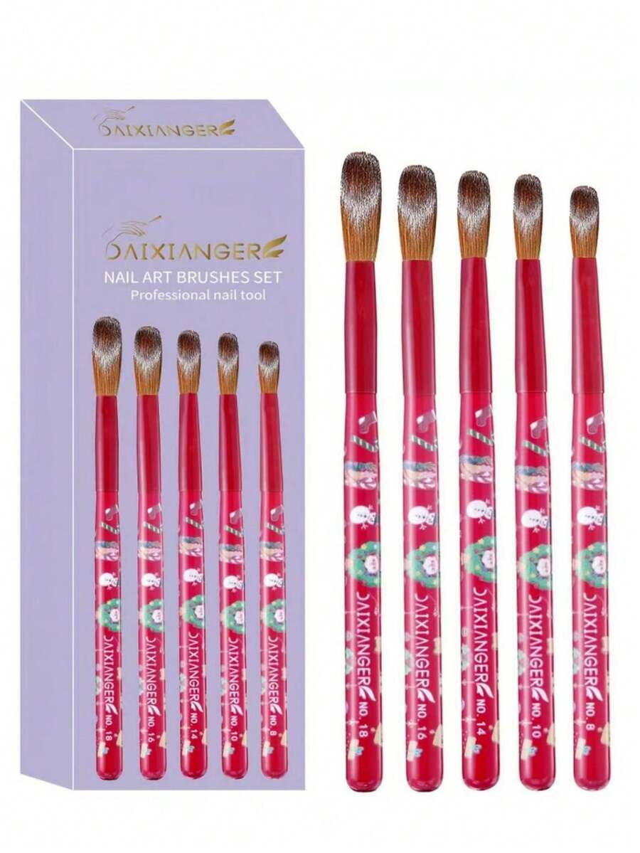 5Pcs Nail Art Brushes Set With Christmas Print, Multiple Size Nail Painting Brushes For Nail Art Creation - Red - View 1