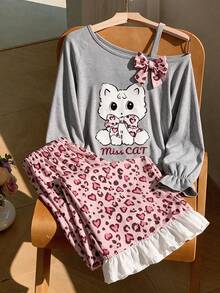 Girls Two Pieces Off Shoulder Bow Long Sleeved Pajamas, Cat Print Top, Heart-Shaped Leopard Print Pants, Spring And Autumn Casual Pajamas - Light Grey - View 2