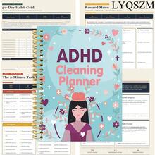 ADHD Cleaning Planner Print Featuring A Cartoon Girl With A Pink Bucket On Her Head, Surrounded By Floral Wreath And Hearts On Light Blue Background - 1 Pc - View 1