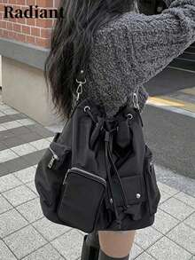 Bolso de hombro casual versátil de gran capacidad, diseño de múltiples bolsillos, unicolor simple y elegante, bolso cruzado multifuncional personalizado - Negro - Ver 1