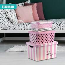 Geezy Pink Storage Boxes With Lids Set Of 3 (22, 10, 5L) - Nesting Stackable Plastic Containers With Handles, Bedroom, Wardrobe, Office - Decorative Patterned Boxes For Toys, Clothes, Girls Room - View 2