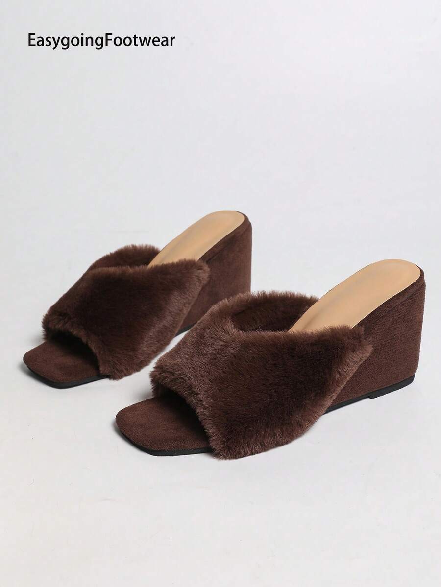 Women's Fuzzy Wedge Heel Square Toe Open Toe Mule Slippers For Outdoor Wear - Coffee Brown - View 1