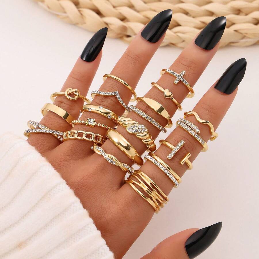 20pcs European & American Geometric Creative Ring Set, Unique Asymmetrical Design Women's Rings - Gold - View 1