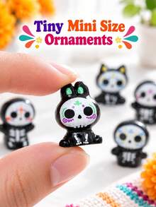 5Pcs Mini Day Of The Dead Sugar Skull Figurines Set, Hand-Painted Colorful Glossy Resin Cute Cartoon Cat Rabbit Skeleton Statues, Spooky Mini Ornaments For Halloween Party, Micro Landscape Fairy Garden, Desktop Shelf Home Office Decoration - A - View 2