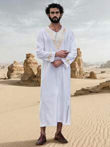 Disqoir Islam Kaftan Muslim Men Clothing Moroccan Caftan Hand Printing Loose And Breathable Djellaba - White - View 2