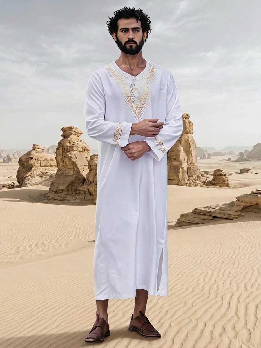 Disqoir Islam Kaftan Muslim Men Clothing Moroccan Caftan Hand Printing Loose And Breathable Djellaba