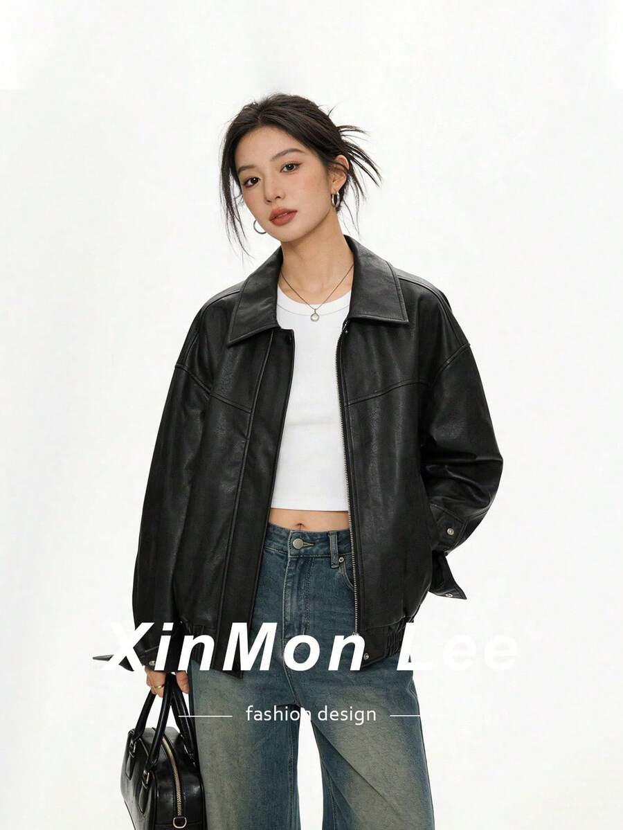 Korean Style Loose Fashion Versatile PU Leather Jacket Coat Solid Color Zipper Long Sleeve College Vacation Daily Spring Autumn Casual Travel - Black - View 1