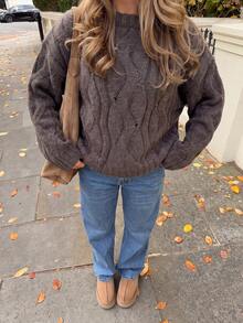 Just Masa Women's Autumn/Winter Casual Cable Knit Sweater, Solid Color Long Sleeve Ribbed Knit Pullover, Suitable For Daily Wear, Outings, Dates, Commuting - Dark Brown - View 7
