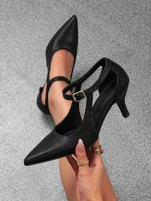 Fashionable European And American Style Hollow Design One-Strap Pointed Toe Closed Toe Stiletto Heel T-Strap High Heel Slingback Pumps For Women, Black Versatile Wedding Party Casual Wear - Black - View 1