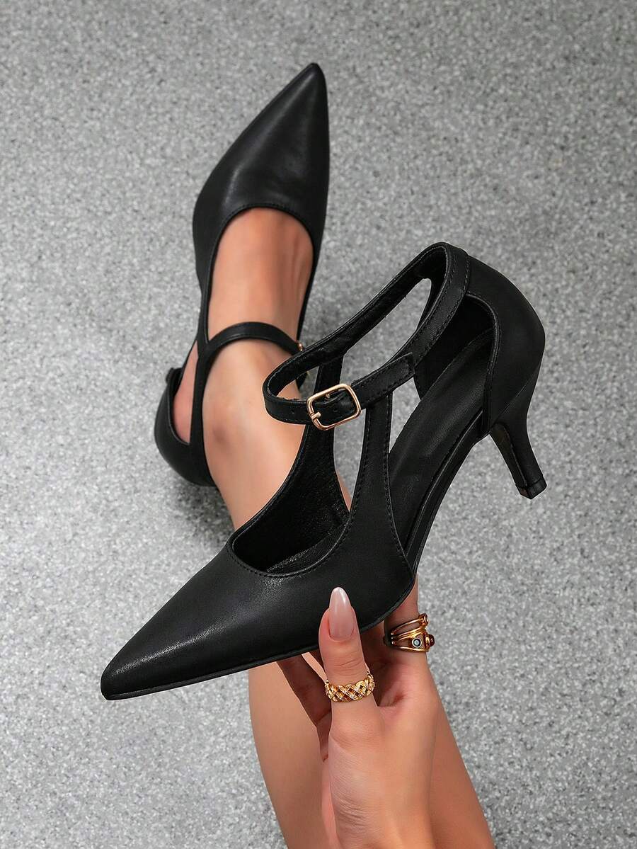 Fashionable European And American Style Hollow Design One-Strap Pointed Toe Closed Toe Stiletto Heel T-Strap High Heel Slingback Pumps For Women, Black Versatile Wedding Party Casual Wear - Black - View 1