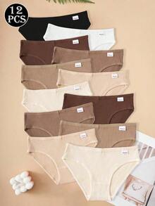 12 piezas/paquete Bragas de algodón puro para mujer - Bragas triangulares a rayas, suaves y cómodas, adecuadas para uso diario, - Albaricoque - Ver 5
