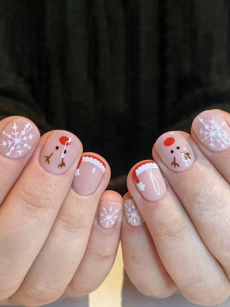聖誕美甲 24片/組 正方形可愛鹿、雪花、聖誕帽穿戴式短甲片套組,適合辣妹、上班族女性,適用派對、約會、日常穿戴與派對使用 - 彩色 - 查看 1