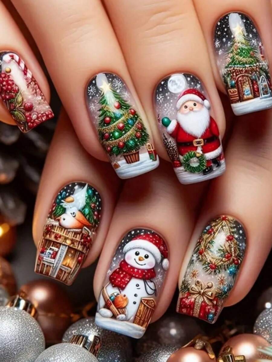 24pcs Short Square Christmas Press-On Nails, Snowflake, Santa Claus, Snowman, Christmas Tree Pattern Fake Nails, With Jelly Glue And Nail File, Suitable For Women's Daily, Party, Holiday Use - Multicolor - View 1