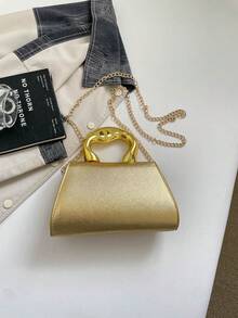 時尚金屬色女款手提包，壓克力不對稱手柄，翻蓋小方包，單肩斜挎包，百搭通勤包 - 金色 - 查看 7