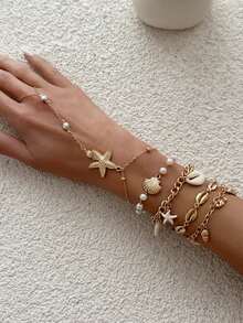 5pcs/Set Boho Beach Vacation Starfish Shell Hand Chain Bracelet Layered Cowrie Pearl Finger Ring Jewelry Set,Suitable For Summer Beach - Gold - View 3