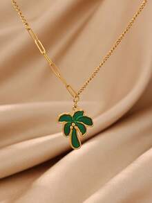 1pc Or 1set Stainless Steel Palm Tree Necklace & Ring, Unisex, 18K Gold Plated Coconut Tree Ring & Necklace, Plant Pendant Jewelry - Style 3 - View 4