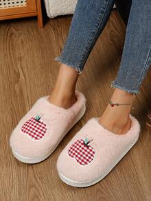 Soft Pink Plush Apple Embroidered Slippers For Women, Plaid Pattern Sweet Design, Thick Plush Warm Thick Sole Quiet Indoor Slippers - Pink - View 6