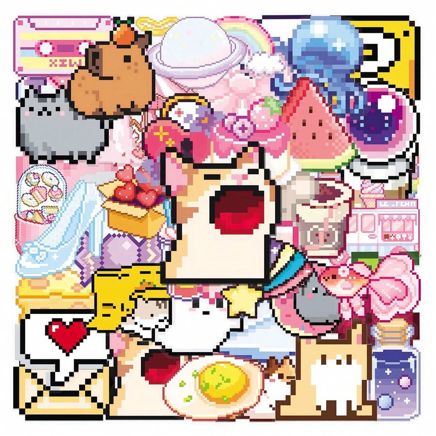 somoving 50pcs Cute Pixel Cartoon Stickers Sticker Designs Of Cartoon Pink Girls | Luggage, Guitar, Skateboard, Water Cup, Computer Desktop - High-Gloss Vinyl, Self-Adhesive, Disposable - Multicolor - View 1