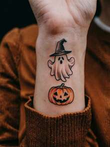 1pc Temporary Tattoo Sticker, Ghost With Witch Hat & Jack-O'-Lantern Pattern, Realistic Fake Tattoo Design, For Daily Wear, Bachelorette Party Favors, Music Festival, Game, Graduation Gift, Lasts 3‑5 Days - Multicolor - View 4
