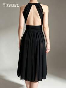 DonsGirl 1pc Women's Halter Neck Backless Dance Dress, Flowy Draped Mesh Front Slit Midi Skirt, Elegant Ballet & Modern Lyrical Dance Costume, Suitable For Class, Solo Performance - Black - View 12