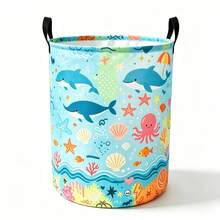 1PC Cute Ocean Marine Life Print Storage Basket With Handles, Cartoon Whale Octopus Seashell Starfish Pattern Laundry Hamper For Clothes And Sundries, Multi‑Purpose Storage For Clothes Sundries, Home Decor & Room Decor - Multicolor - View 7