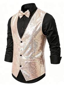 Men's Stage Performance Vest With Small Sequins, Suitable For Photo Studio, Host, Singer, MC - Champagne - View 3