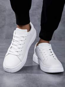Men's White Round Toe Lace-Up Thick Sole Casual Sneakers, Soft Bottom Lightweight All-Season Sports Shoes - White - View 5