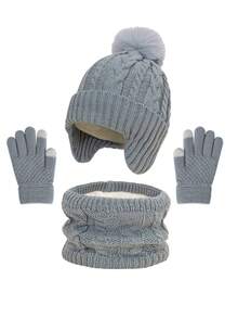 3pcs Kids Hat, Gloves And Scarf Set, Cable Knit Woolen Hat With Pom Pom, Warm Ear Protection For Boys And Girls, Autumn/Winter Warm Set - 3pcs - View 4