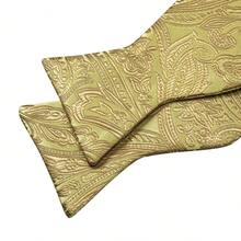 5Pcs Men Gold Paisley Jacquard Bow Tie Pocket Square Cufflinks Ring Boutonniere Set, Cufflinks Pattern Random For Wedding - Gold - View 3