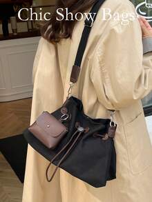 Women Color Block Drawstring Tote Crossbody Bag,Detachable Mini Coin Purse,Adjustable Strap,Large Capacity,Casual Preppy For Daily Commute Shopping - Black - View 14