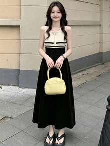 YCYC Summer Colorblock Round Neck Zipper Sleeveless Sweater Dress - Black - View 6