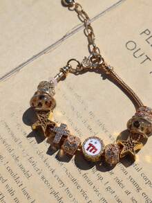 1pc Leopard Print Star Lucky Number 777 Charm Bracelet, Star Cross Bracelet, Cute Red Cherry Star Bracelet - Gold - View 4