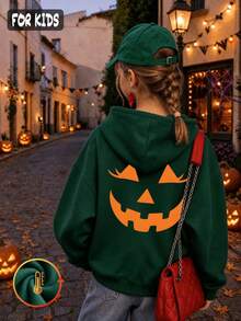 Halloween Autumn Winter Girls' Hooded Fleece Sweatshirt With Orange Pumpkin Face Print - Dark Green - View 1