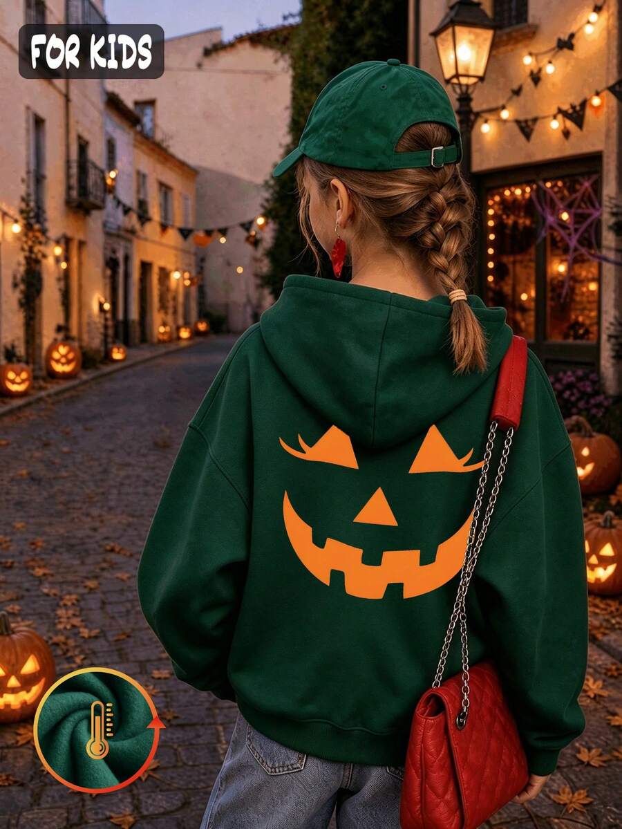 Halloween Autumn Winter Girls' Hooded Fleece Sweatshirt With Orange Pumpkin Face Print - Dark Green - View 1