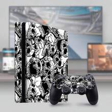 Slim Sticker Set, Black & White Skull Pattern Waterproof Scratch-Resistant Self-Adhesive Vinyl Game Console Skin, Removable No Residue, Includes Full Console + 2 Controller Decorative Stickers - View 3