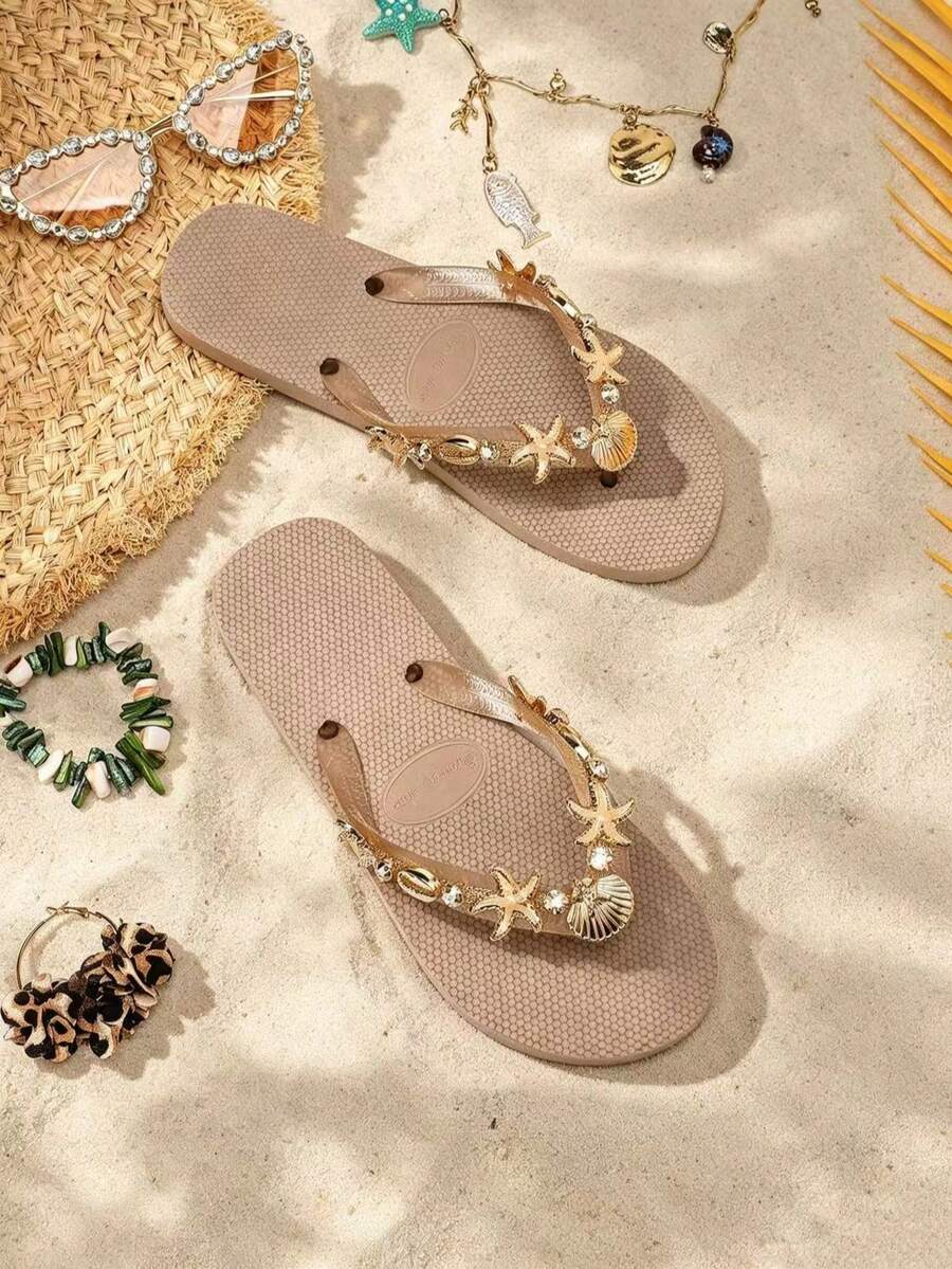 Evertop Surf Original Fashion dam-tåklämda flip-flops, handmålade med oljemålning, sjöstjärna, snäcka och strassdekor, mjuka sulor, avtagbar dekorativ kedja, present till semesterfest, strandfotograferingsrekvisita - Kaki - Visa 1