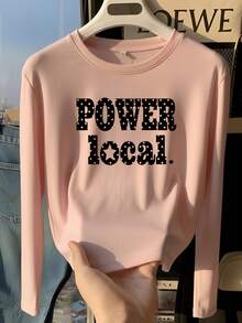 Niche Design Polka Dot & Letter & Star Print Light Pink Short Long Sleeve T-Shirt, High Waist Slimming Autumn Base Layer - Pink - View 3