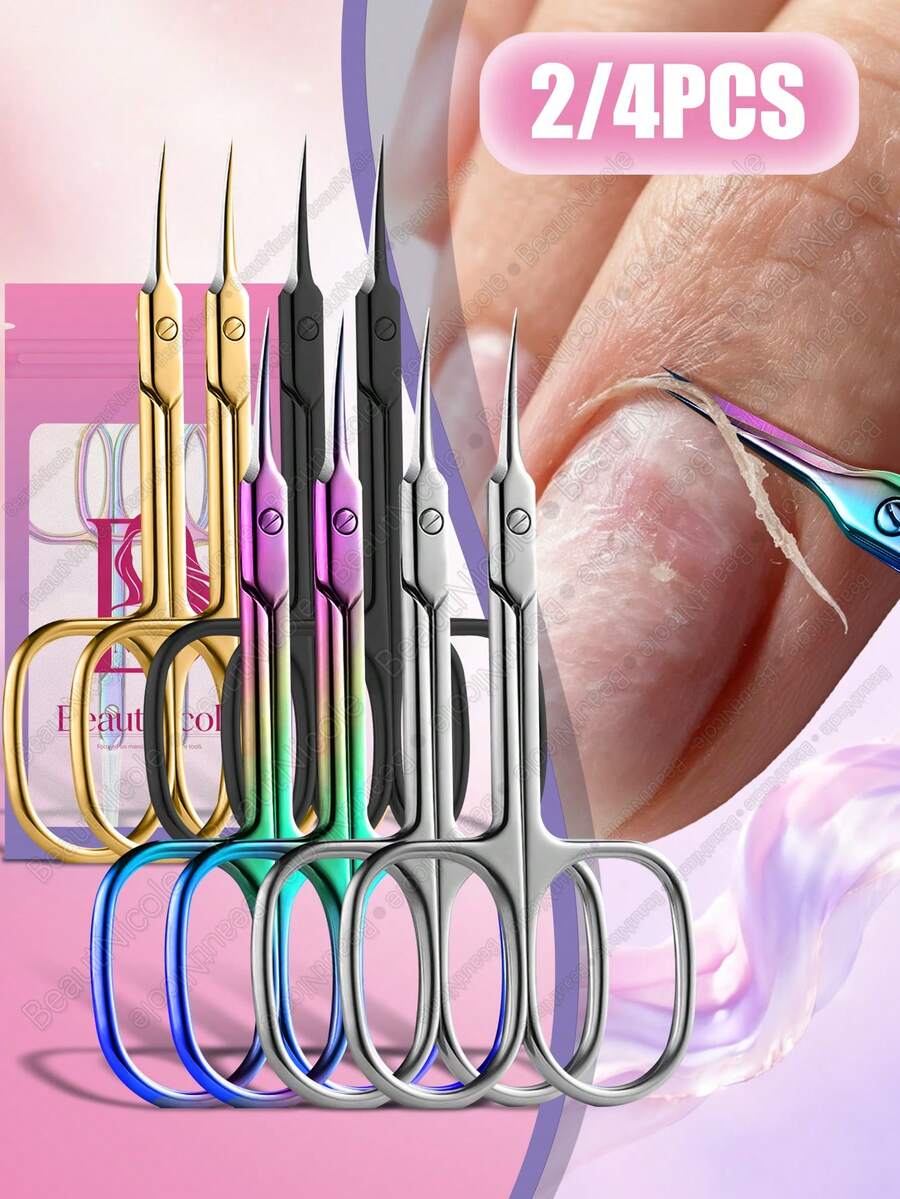 BeautNicole 2/4pcs Stainless Steel Fine Curved Blade Cuticle Scissors, Used For Trimming Eyebrows, Eyelashes And Dry Skin, As Well As Nail Care Tools - Multicolor - View 1