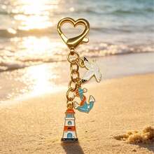 1pc Ocean Theme Enamel Keychain, Heart-Shaped Clasp With Ocean Animals, Sailboat And Lighthouse Bag Charm, Backpack Pendant, Holiday Gift For Girls And Women - Multicolor - View 8