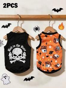 LUCKIE PAL 2pcs Halloween Skull Print Pet Vest, Physical Flea Prevention, Reduces Shedding, Insulated & Breathable, Dog Vest Suitable For Small And Large Dogs And Cats, Indoor And Outdoor Use - Multicolor - View 1