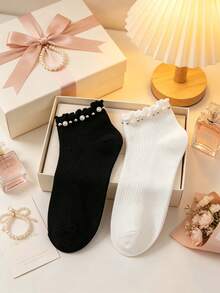 1/3 Pairs Women's Ruffle Cuff Short Socks, Faux Pearl & Rhinestone Decor, Solid Black & White Knit Socks, Sweet & Elegant Style, Soft & Breathable, Suitable For Autumn/Winter, Fashion Accessory, Can Be Paired With Mary Jane Shoes - Multicolor - View 1